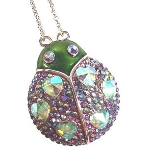Betsey Johnson Ladybug Necklace AB Red Pave' iridescent Hearts Glistening Chain